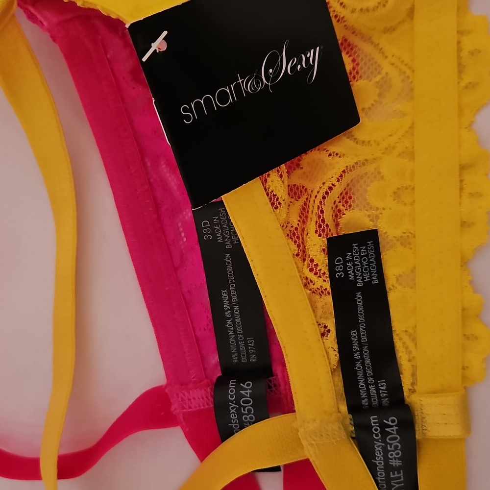 38D Smart & Sexy Lace Bra Set - Pink and Yellow Pushup Underwire - Picture 9 of 9